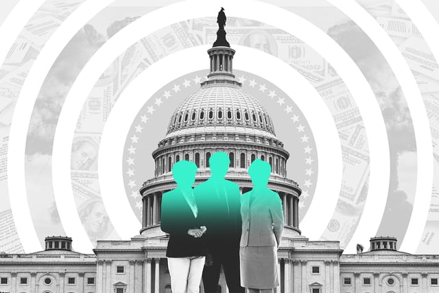 Collage of the Capitol building, a group of people, and concentric circles. The circles contain images of the presidential seal, money, an explosion, and documents.