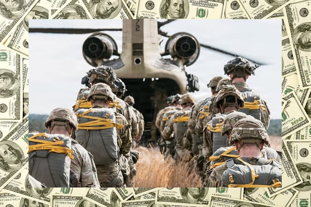 Collage of money and paratroopers loading into a helicopter.
