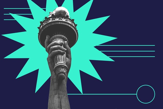 Collage of a bright multipoint star polygon behind the Statue of Liberty's hand holding the torch.