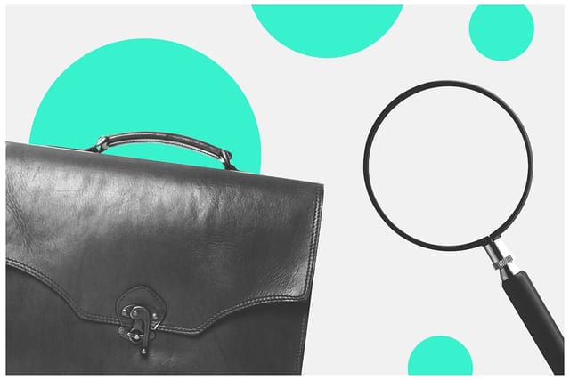 Collage of a black-and-white briefcase and magnifying glass with dynamic teal circles of various sizes in the background