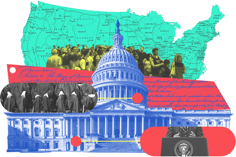 Collage of the U.S. Capitol building, a presidential podium, and a group of Supreme Court justices