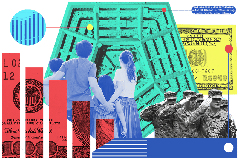 Collage of a group of children, U.S. money, a group of saluting soldiers, and the Pentagon building