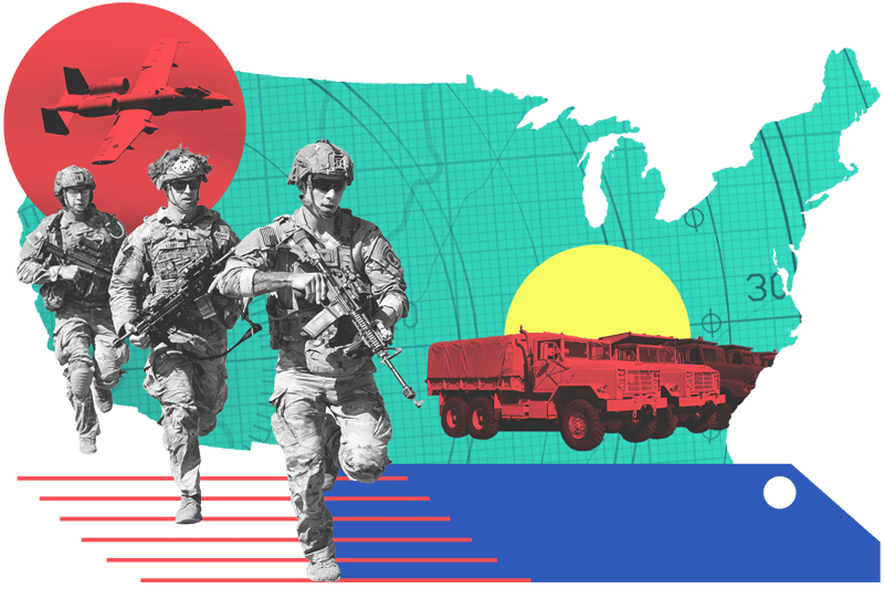 Collage of running soldiers in combat fatigues, a line of military vehicles, and an A-10 aircraft