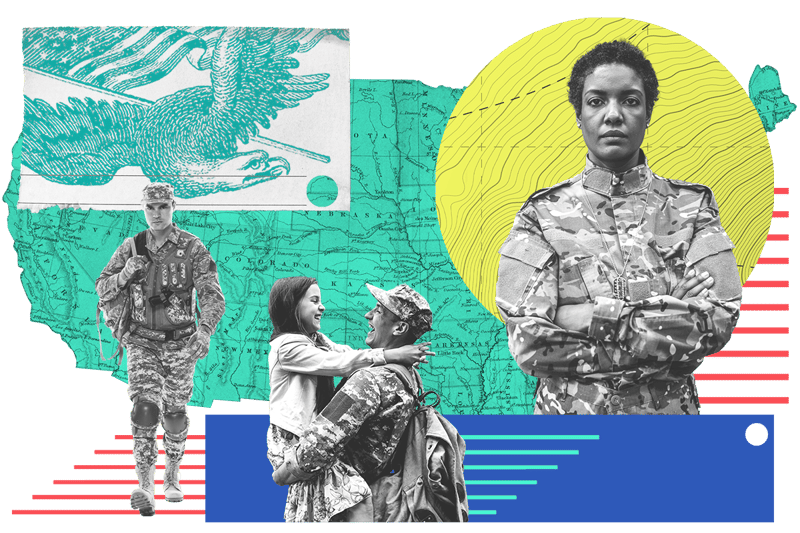 Collage of individual soldiers in uniform and a map of the United States