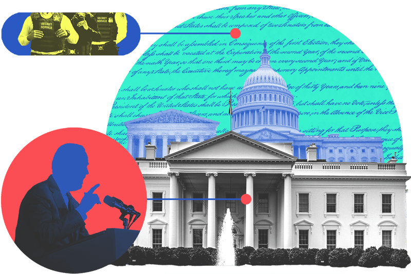 Collage of a person making a speech at a podium, government buildings, and the Secret Service