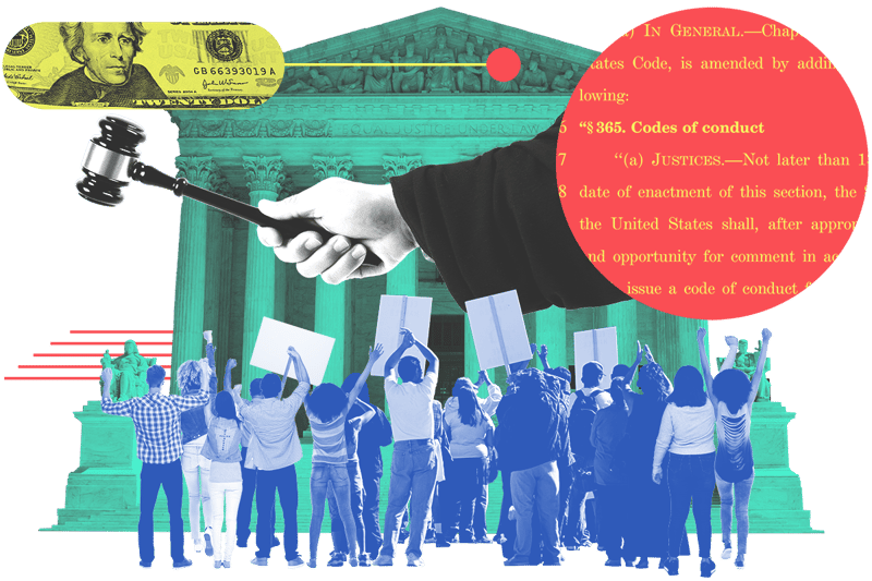Collage of a crowd of protestors in front of the Supreme Court