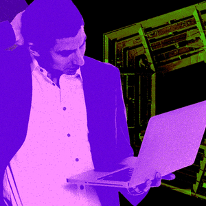 A man holding a computer looks confused; behind him, hundreds of dollars spiral around the Pentagon.