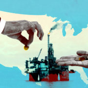 A businessman hands over a penny to an outstretched hand
