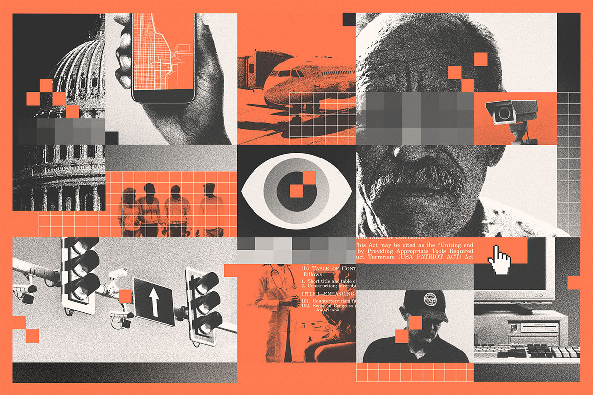 Collage of menacing eye, blurred face, security cameras, an airplane, a phone, a computer, the capitol building, an obscured agent, a family walking, and a patient in a doctor's office.