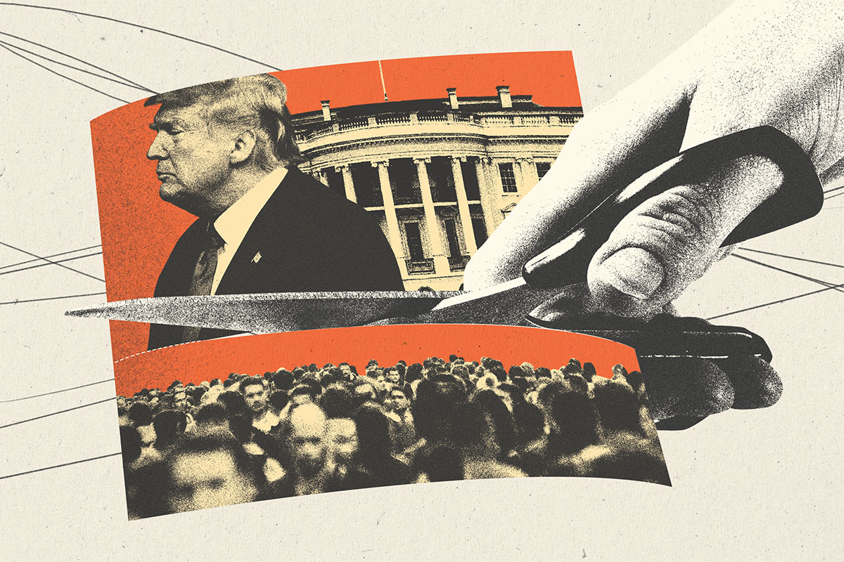 Collage of a big hand and scissors cutting a photo in half. Top half: U.S. President Donald Trump and the White House. Bottom: A crowd of people.