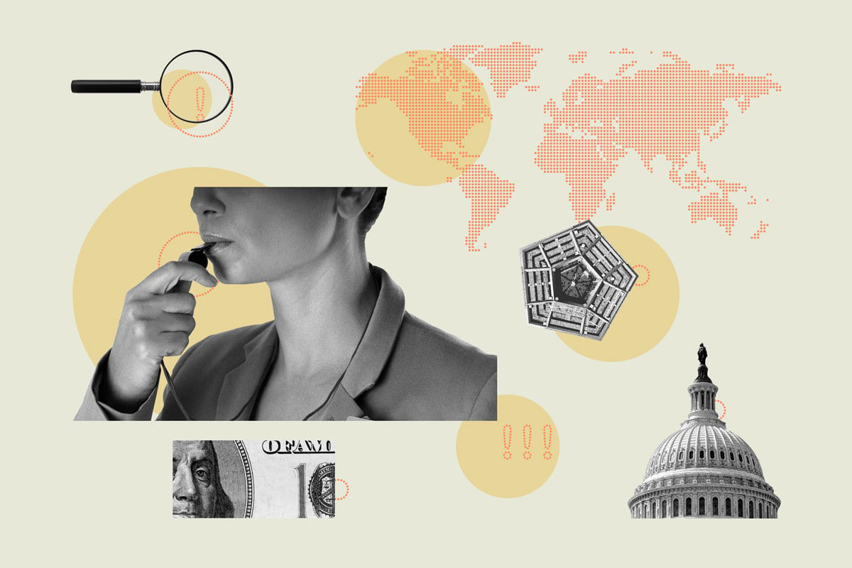 Collage of a woman blowing a whistle, warning signs, a world map, money, a magnifying glass, and the buildings of the U.S. Capitol and Pentagon. Collage of a woman blowing a whistle, warning signs, a world map, money, a magnifying glass, and the buildings of the U.S. Capitol and Pentagon.