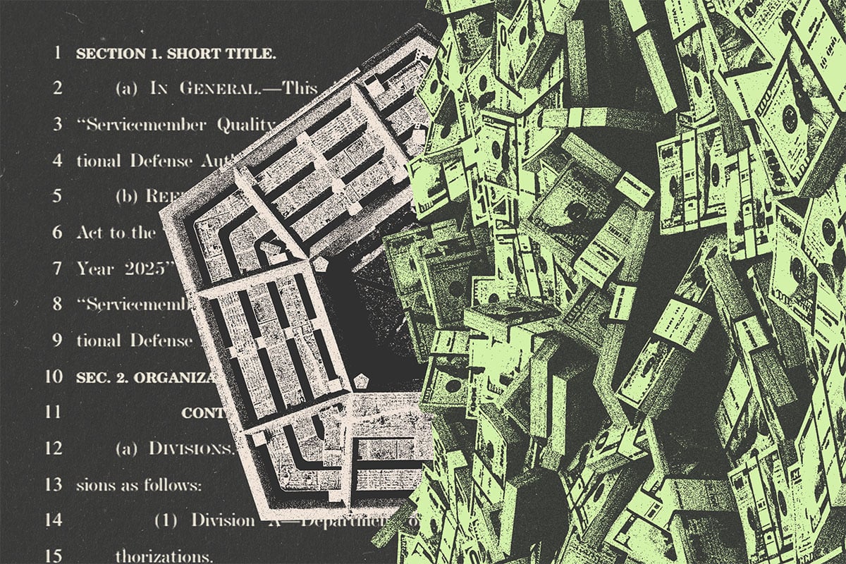 Collage of the Pentagon partly covered by stacks of money and a clipping of the FY 2025 NDAA.