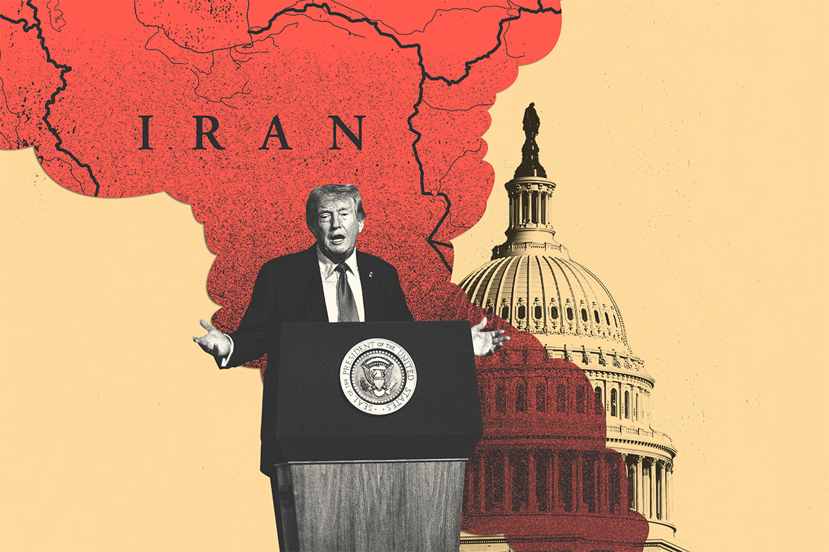 Collage of U.S. President Donald Trump, the Capitol building, and a map of Iran.