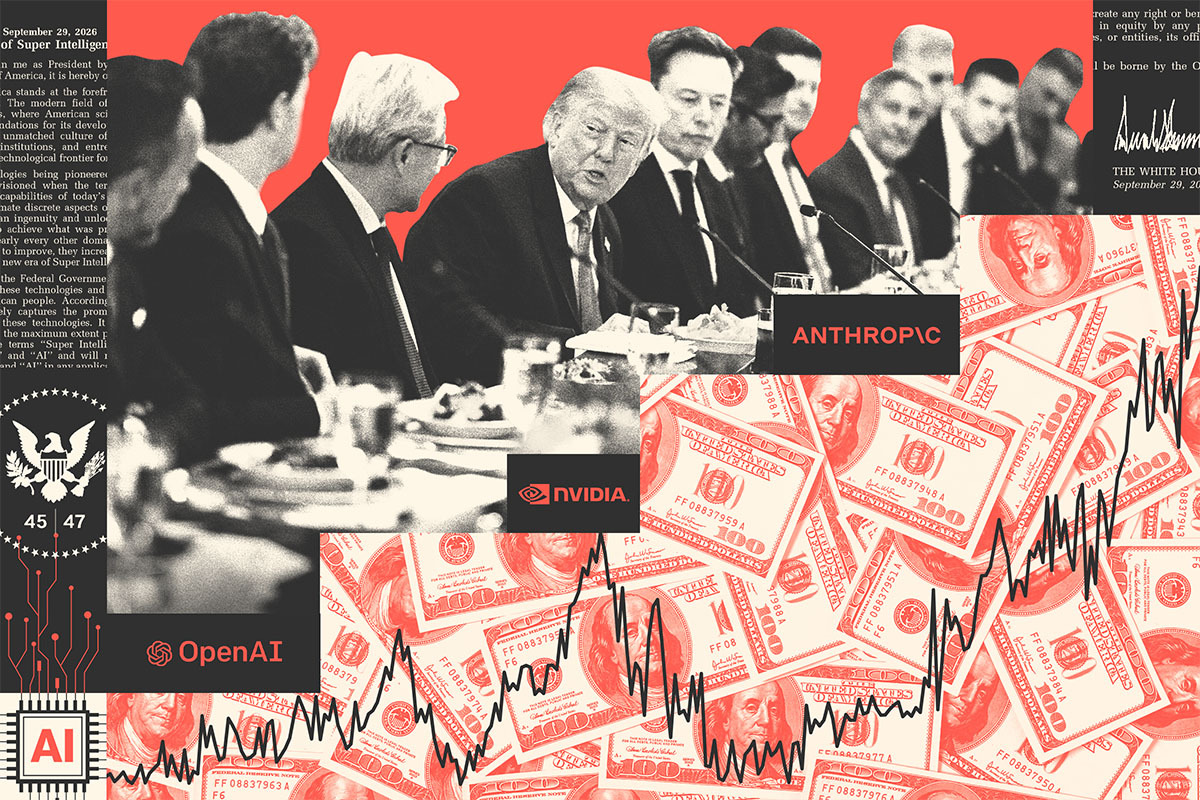 Photo collage. U.S. President Donald Trump sits center at a long table among other prominent business people at the Super Intelligence (AI) luncheon. Surrounding them are logos (OpenAI, Nvidia, Anthropic), stock trend lines, U.S. hundred dollar bills, a computer chip, the presidential seal, and clippings of the Super Intelligence accord.