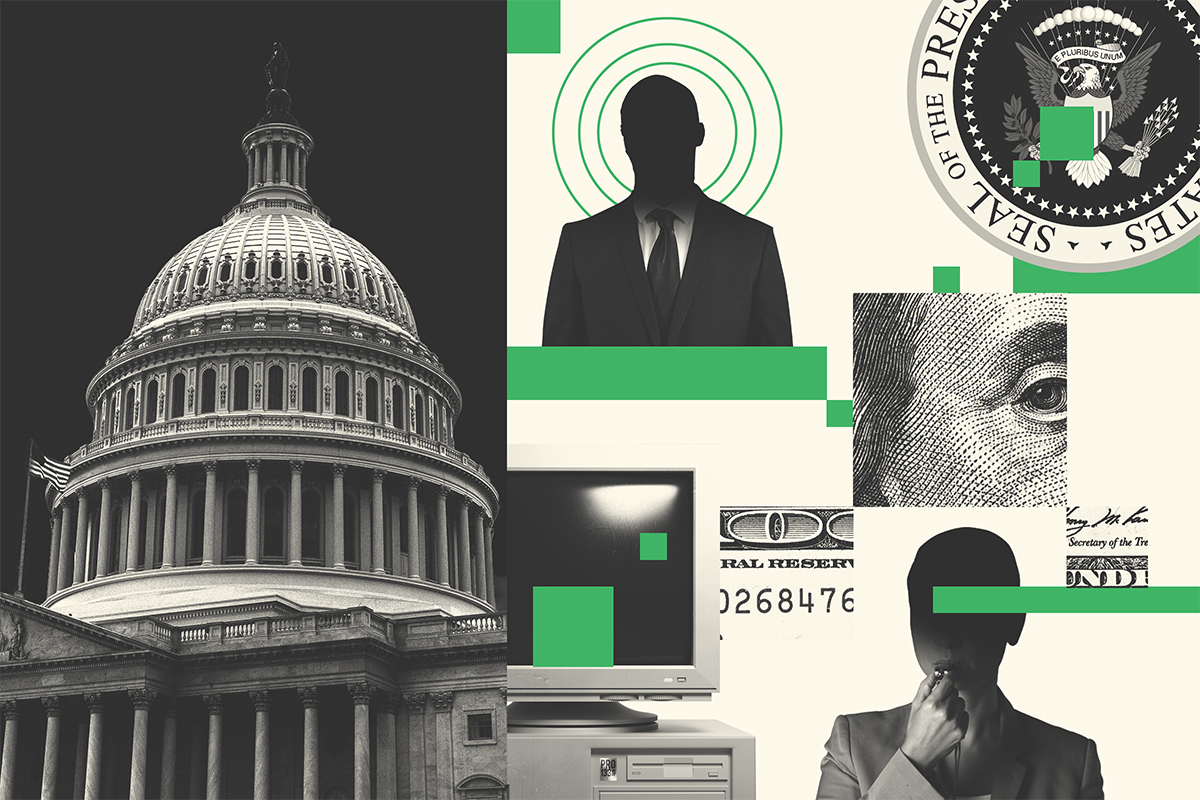Collage of the Capitol building, an shadowy man in a business suit, the presidential seal, money, a computer, and an obscured woman blowing a whistle.