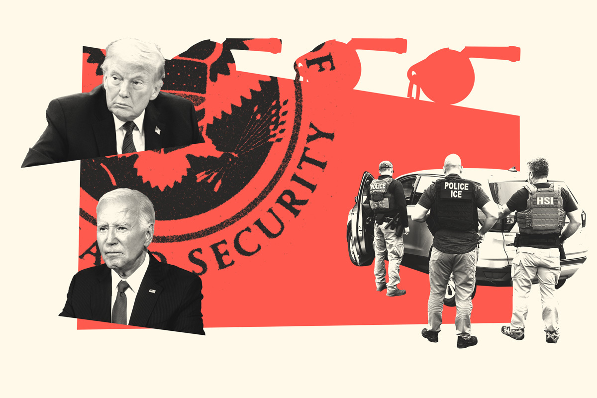 Collage of U.S. President Donald Trump and former U.S. President Joe Biden, the Department of Homeland Security logo, and federal agents wearing vests marked 