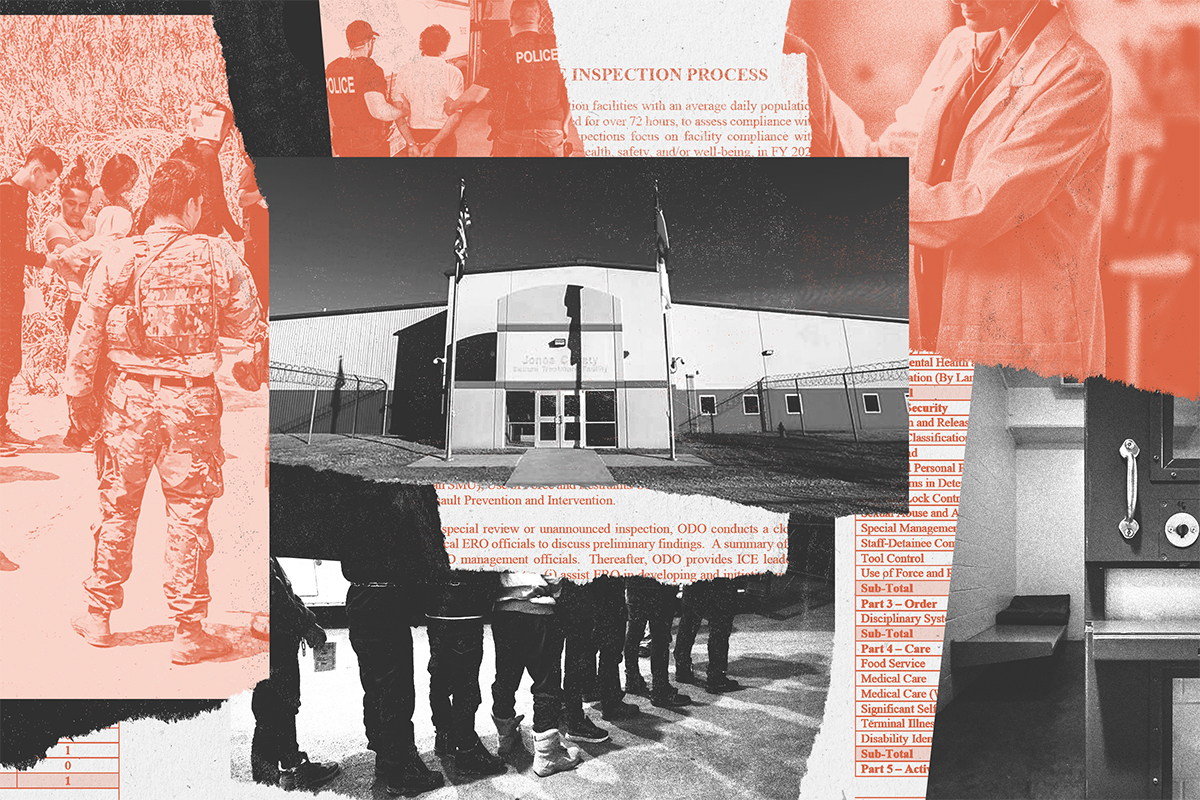 Collage of detention facilities, federal agents, detainees, and clippings of inspection reports.
