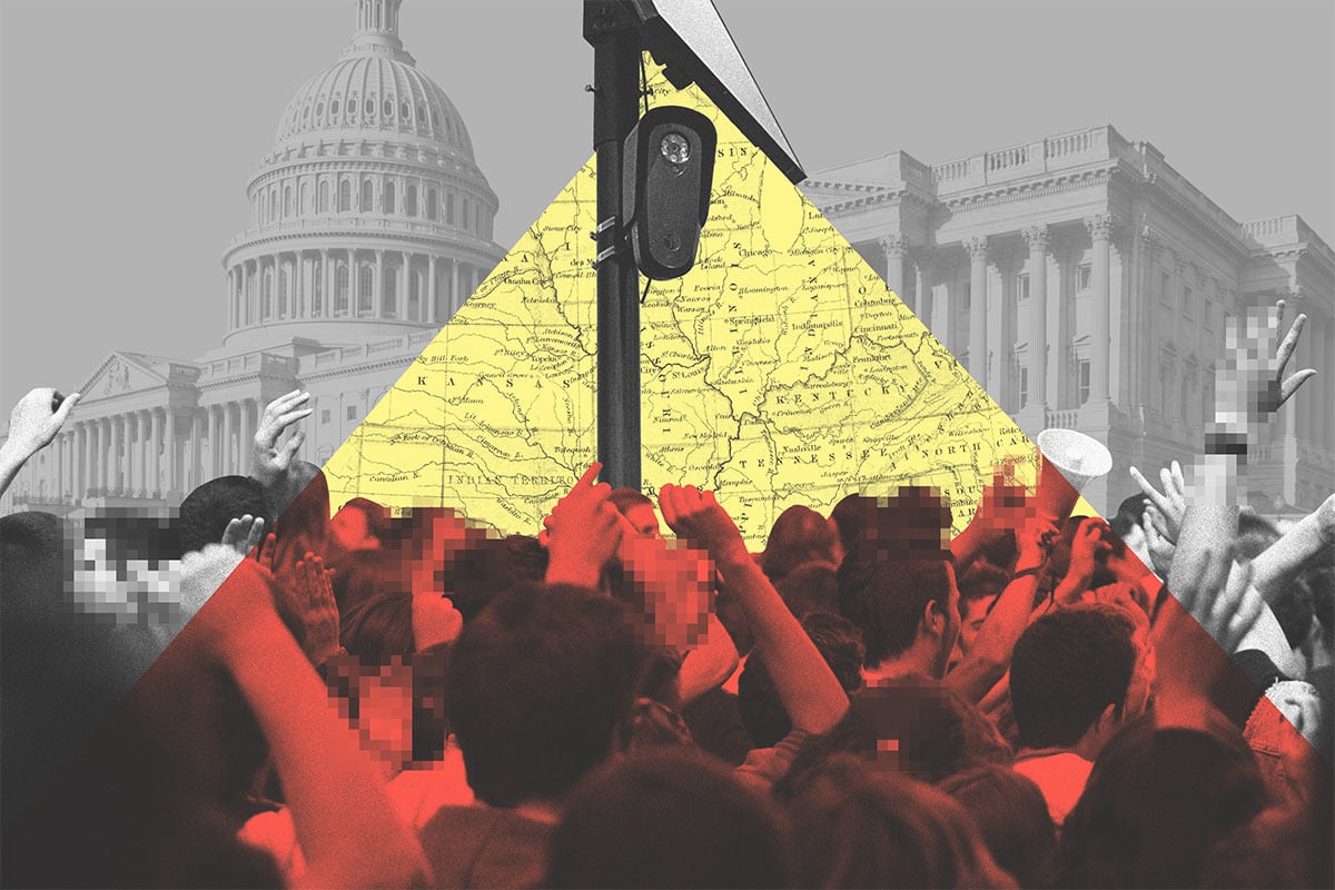 Collage of a crowd protesting, a Flock camera, a clipping of the U.S. map, and the Capitol building.