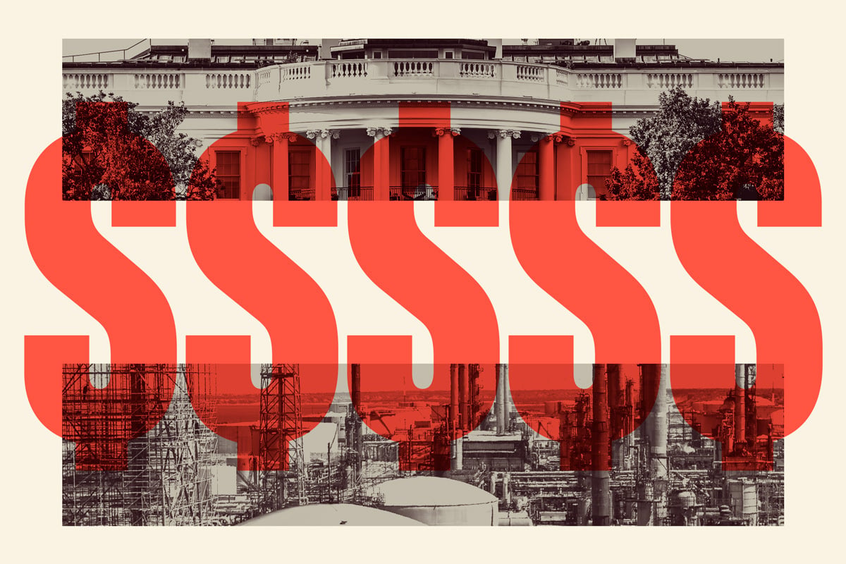 Collage of two photos of the White House building and a Venezuelan petrochemical plant in muted tones of beige and dark brown. Five massive dollar signs in a vibrant red cover the photos.