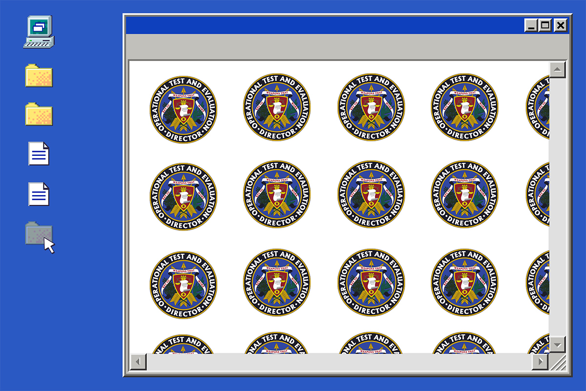 Collage of a retro computer desktop with a computer icon, folders, a cursor on a transparent folder, and a window opened with many DOT&E logos.