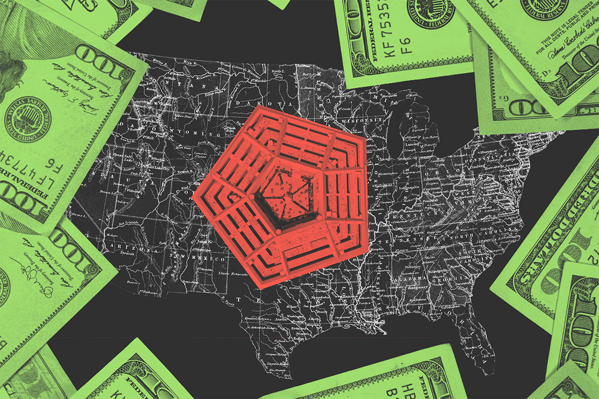 Collage of the U.S. map, the Pentagon, and money. Collage of the U.S. map, the Pentagon, and money.