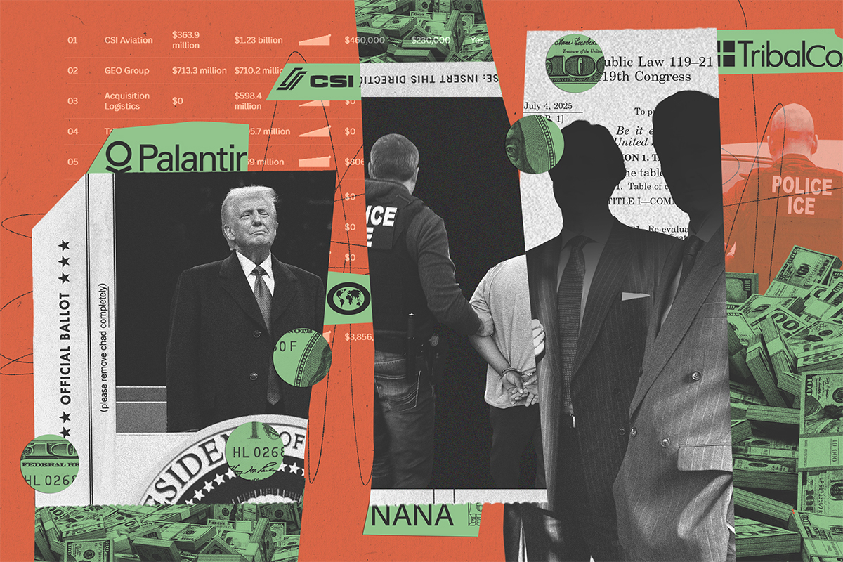 Collage of U.S. President Donald Trump, a ballot, money, an ICE agent with a handcuffed man, obscured men wearing suits, and ICE contractor logos.