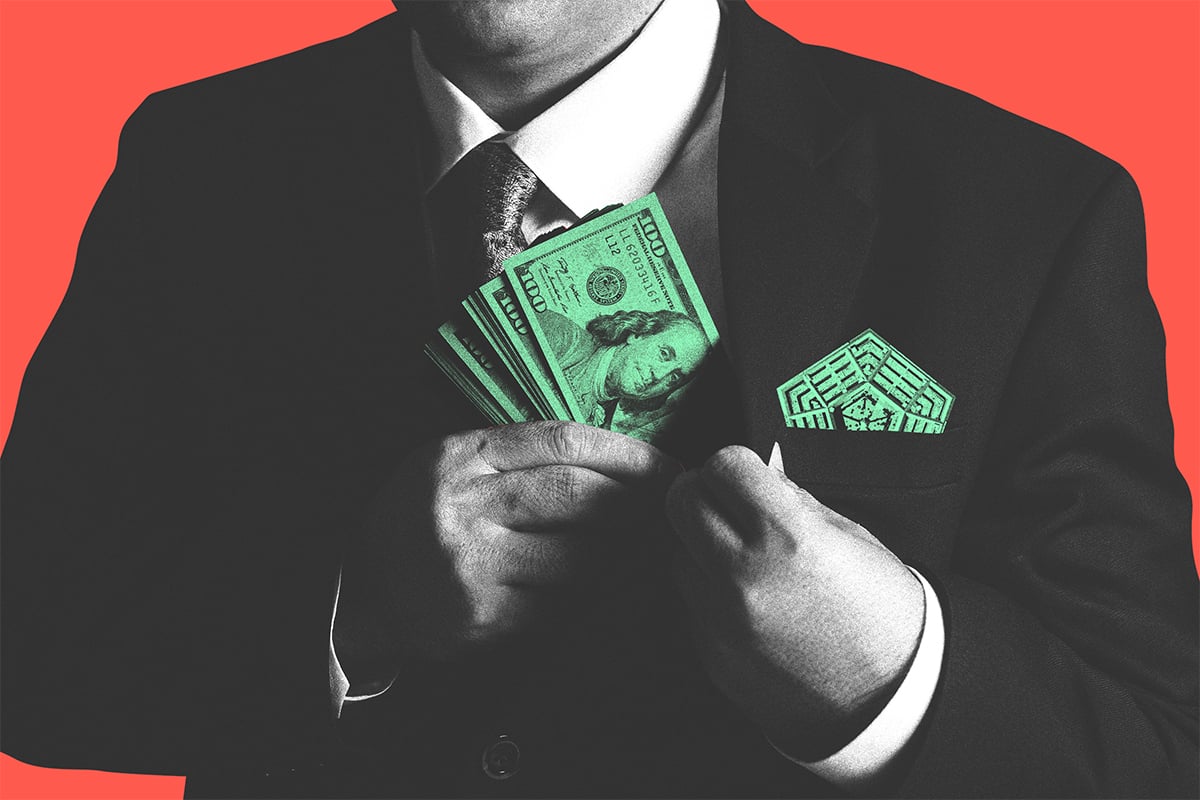 Collage of man wearing suit hiding money in his pocket, and the pentagon peaking out of another pocket.