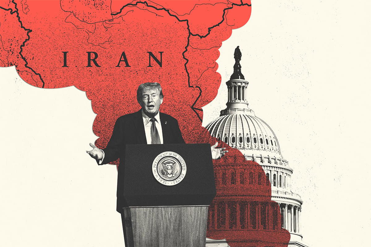 Collage of U.S. President Donald Trump, the Capitol building, and a map of Iran.